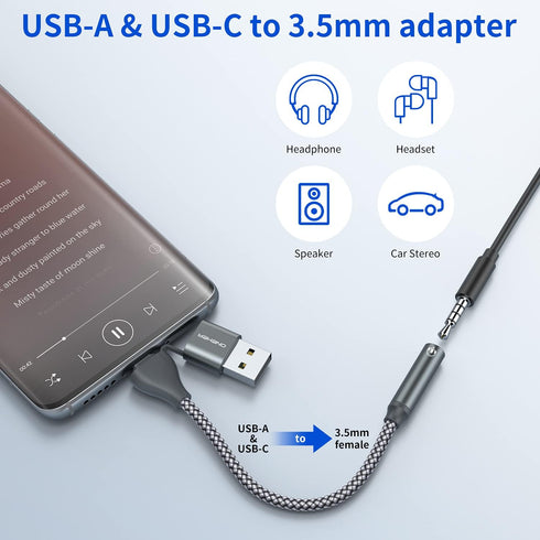 USB to 3.5mm Audio Adapter,2-in-1 USB A/USB Type C to 3.5mm Female Jack Cable Stereo Sound Card for Headphone,Mac,PC,Laptop,Desktops Samsung Galax...