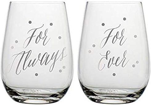 Slant Collections Bridal Shower Gift Set of Two Clear and Silver Wedding Stemless Wine Glass Set, 20-Ounces, For Always...