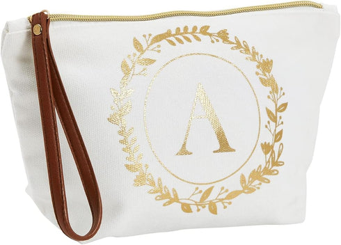 Gold Initial A Personalized Makeup Bag for Women, Monogrammed Canvas Cosmetic Pouch (White, 10 x 3 x 6 In)...
