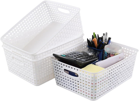 Gloreen White Plastic Basket, 8 Quart Weave Storage Baskets, 4 Packs...