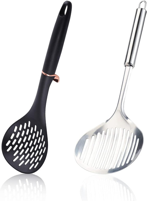 TENTA Kitchen 2pcs Pasta Spoon Kitchen Spoons Spider Strainer Metal Strainer Wok Utensils Spider Skimmer Stainless Steel & Nylon Slottes Spoon, Sp...