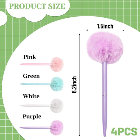 Pom Pom Ballpoint Pen 4 Pieces Fluffy Ball Pens Cute Kawaii Pen Black Gel Ink Ballpoint Pens for Office School Supply, Purple, Green, Pink, White...