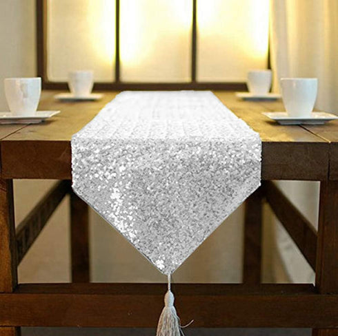 ShinyBeauty Tassel Silver Sequin Dresser Scarves or Table Runner, 12x72 Inch Elegant Wedding Event Decoration...