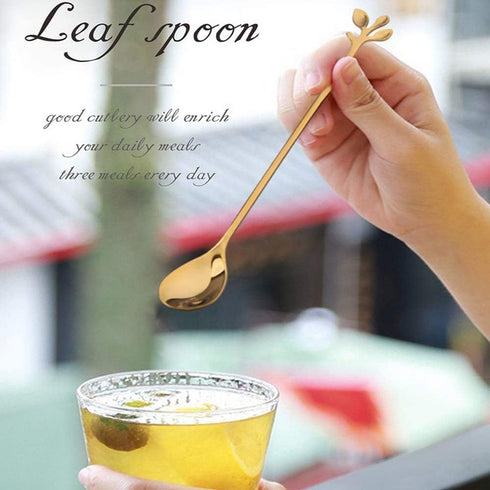Long Handle Iced Tea Spoons Set of 6, Comicfs 7.6" Ice Cream Spoon, Creative Gold Leaf Cocktail Stirring Spoons, Premium Food Grade Stainless Stee...