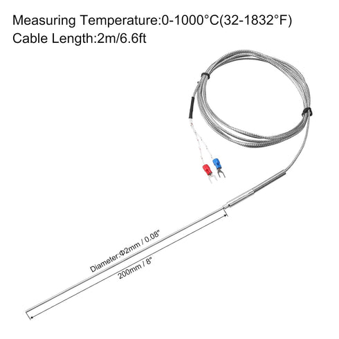 MECCANIXITY K Type Thermocouple Temperature Sensor Probe 2x200mm 6.6ft Wire 0 to 1000°C(32 to 1832°F) Stainless Steel...