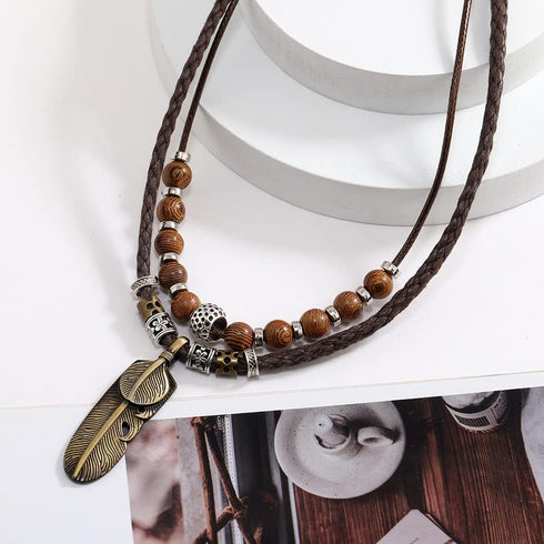 Men Leather Necklace Vintage Style Double Layers Braided Leather Tribal Necklace Boho Hipppie Beaded Artificial Feather Pendant Necklace for Daily...