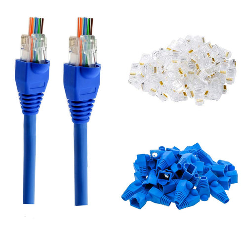 PETECHTOOL RJ45 Cat6 Pass Through Connectors Gold Plated 8P8C Ends and Blue Strain Relief Boots for CAT6 RJ45 Ethernet Network Cable Connector Plu...