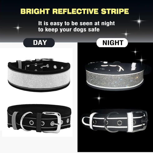 Bling Rhinestone Dog Collar Soft Comfortable Stylish Dog Collar with Bright Reflective Stripe Premium Adjustable Diamond Crystal Pet Collar for Sm...