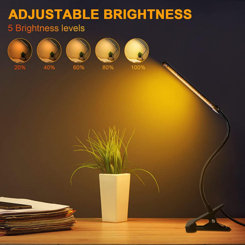 Desk Lamp for Office Home, 5W USB Amber LED Clip on Light, Flexible Gooseneck Clamp Light, 5 Brightness Levels, 4/8/12/18H Auto Timer, Eye-Caring ...