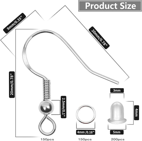 Hypoallergenic Earring Hooks 150 PCS/75 Pairs, Silver Plated Ear Wires Fish Hooks,500pcs Earring Making Kit with Jump Rings and Clear Silicone Ear...