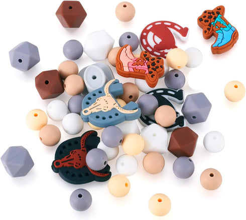 66Pcs Western Cowboy Focal Beads Silicone Keychain Making Kit Cow Horse Animal Beads Cowboy Hat Boots Round Hexagon Spacer Beads for Crafts DIY Pe...