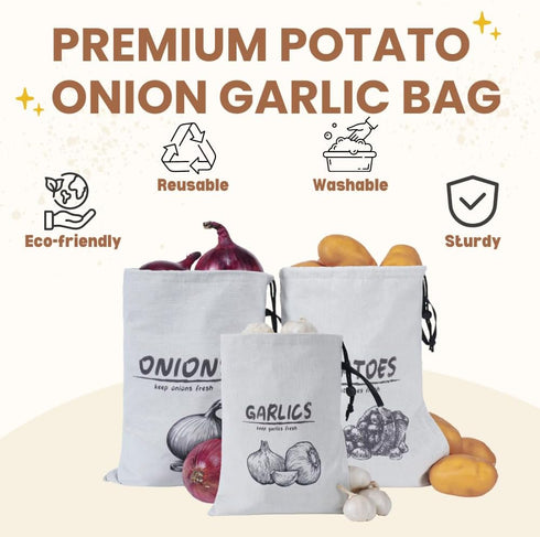 Potato Onion Garlic Storage Bag, Reusable Potato Onion and Storage Bag for Pantry, Vegetable Storage Bags with Drawstring Closure, 3 Packs (Potato...
