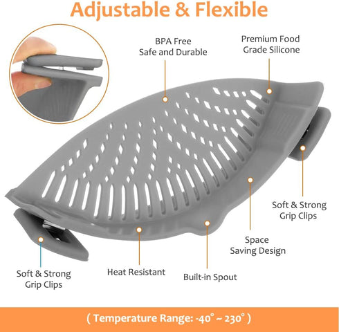 YEVIOR Clip on Strainer for All Pots Pan,Silicone Pasta Strainer Kitchen Gadgets,Collapsible Colander for Noodle,Vegetables,Fruit,Spaghetti (Grey)...