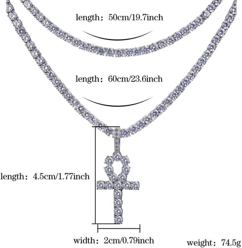 JINAO Silver Plated Iced Out Egyptian Ankh Cross Simulated Diamond Pendant Necklace with Stainless Rope Chain...