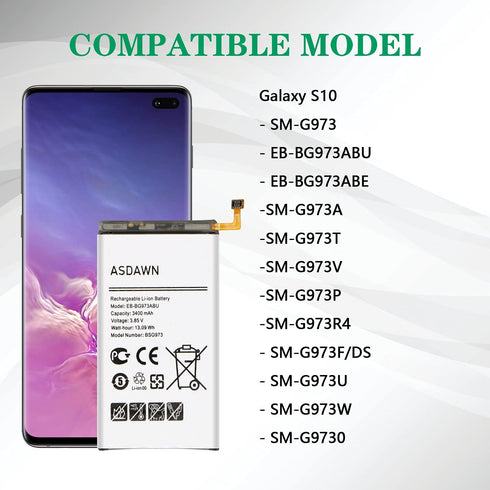 ASDAWN Galaxy S10 Battery Replacement, EB-BG973ABE EB-BG973ABU Battery for Galaxy S10 SM-G973 G973A/V/T/P with Back Cover Adhesive + Battery Adhes...