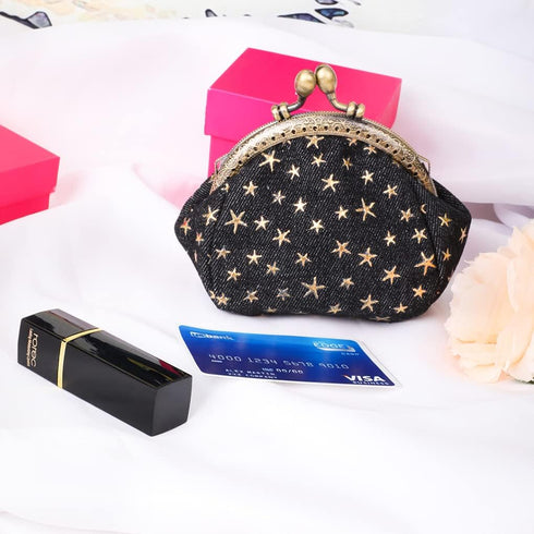 Oyachic Five-Pointed Star Coin Purse Denim Change Pouch Wallets Buckle with Kisslock Clasp Coin Holder Clutch Handbags for Women Ladies (Black)...