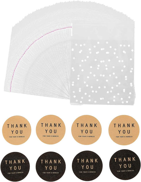 400PCS White Polka Dot Treat Bags Set Self Adhesive Candy Cookie Bags Set, 200 Cellophane Bags + 200 Thank You Sticker for Bakery Biscuit Chocolat...