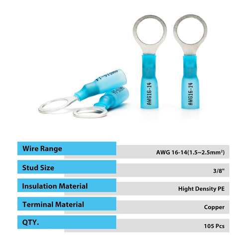 Sanuke 16-14 AWG - 3/8" Heat Shrink Ring Terminals Tinned-Copper Marine Grade Waterproof Heat Shrink Wire Connectors Blue 105pcs...