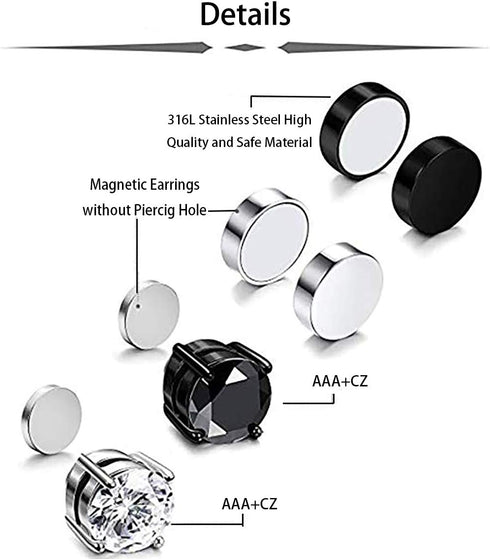 HENGYID 4 Pairs Stainless Steel Magnetic Stud Earrings for Men Women CZ Magnet Non Pierced Clip On Earrings Set 6MM...