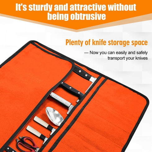 Orange Chef Knife Bag With 20 Slots Cutlery Knives Holders Protectors, Home Kitchen Travel Cooking Tools, Portable Canvas Knife Roll Storage Bag C...