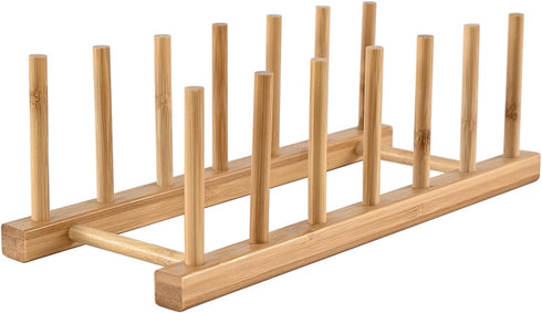 INNERNEED Bamboo Wooden Dish Rack, Vertical Plate & Lid Organizer for Kitchen Cabinet or Countertop, Drying Stand for Dishes, Cutting Boards...