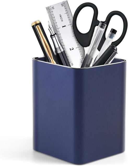 Metal Pen Holder for Desk Square Aluminum Desktop Organizer and Makeup Brush Holder Storage Box for Office, School, Home, and Kids, Non-slip silic...