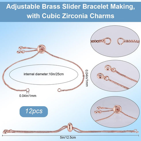 1 Box 12Pcs Slider Chain Bracelets Adjustable Slider Bracelet Brass Extender Chains with Rhinestone Ball End Rose Gold Slider Bracelet Findings fo...