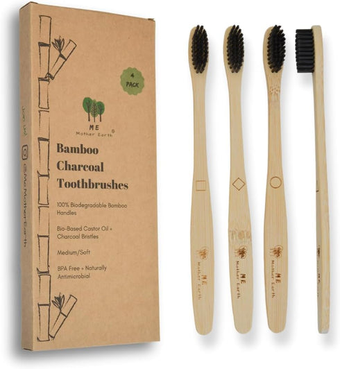 Bamboo Charcoal Toothbrush Pack, Medium Soft Bristle Brush, Charcoal Infused Bristles, Biodegradable & Eco Friendly, Sustainable Bamboo (Pack of 4...