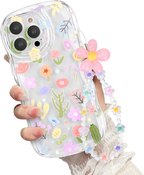 for iPhone 14 Pro Max Case, Cute Colorful Flower Curly Wave Clear Case with Lovely Flower Bracelet Chain for Women Girls Soft TPU Shockproof Prote...