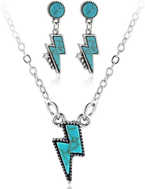 Natural Western Turquoise Lightning Bolt Stud Hoop Dangling Earrings Necklace Bohemian for Women Jewelry Flower Vintage Ethnic Statement Holiday...