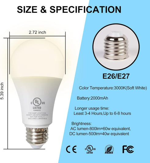 Rechargeable Light Bulbs, Emergency Battery Light Bulb for Power Outage, Battery Operated Light Bulbs 2000mAh Battery Backup 850Lumens 9W 60W Equi...