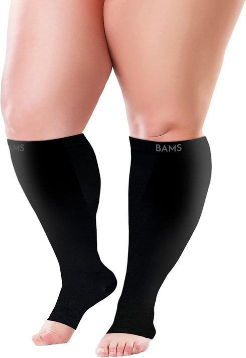 BAMS Plus Size Open Toe Compression Socks Wide Calf – Viscose from Bamboo Graduated (Toeless Black, XX-Large)...
