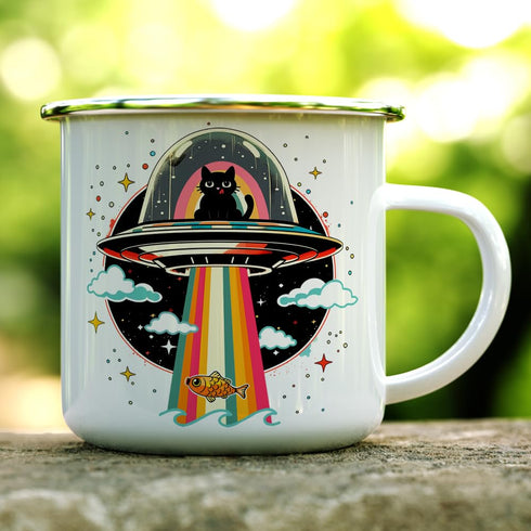 Retro UFO Cat Fish Abduction Extraterrestrial Paranormal Enamel Campfire Mug, Fun Outdoor Camping Coffee Cup (12oz)...