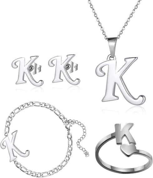 4 Pack Stainless Steel Initial Jewelry Sets for Women Silver Rings Bracelet Earrings Pendant Necklace Uppercase Choker Chain Ear Studs Jewelry Gif...