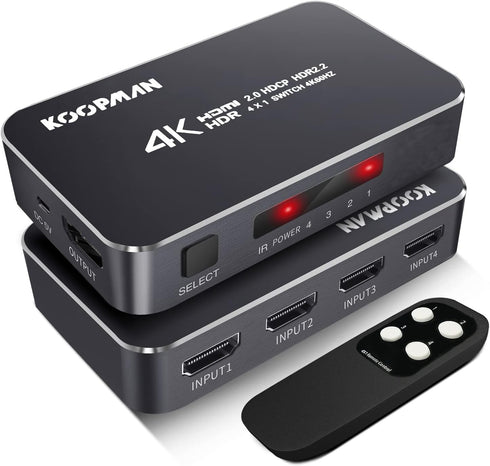 4K HDR HDMI Switch, Koopman 4 Ports 4K 60Hz HDMI 2.0 Switcher Selector with IR Wireless Remote, Supports UltraHD Dolby Vision, High Speed(Max to 1...