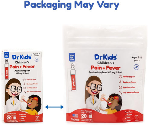 Dr. Kids Children's Pain and Fever Acetaminophen, Pre-Measured Single-Use Vials, Free from, Travel Compliant, 3.4 Fl Oz (20 Count)...