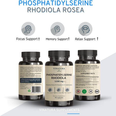 PhosphatidylSerine Rhodiola Rosea 1200mg per Serving, 3% Rosavins & 1% Salidrosides - Calm, Brain Booster, Brain Supplements for Memory and Focus ...