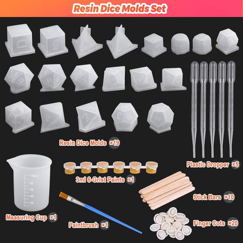 Resin Dice Molds, Shynek 19 Styles Polyhedral Game Dice Molds Set with Silicone Dice Mold, Mixing Sticks, Measuring Cup, Droppers, Acrylic Paints ...