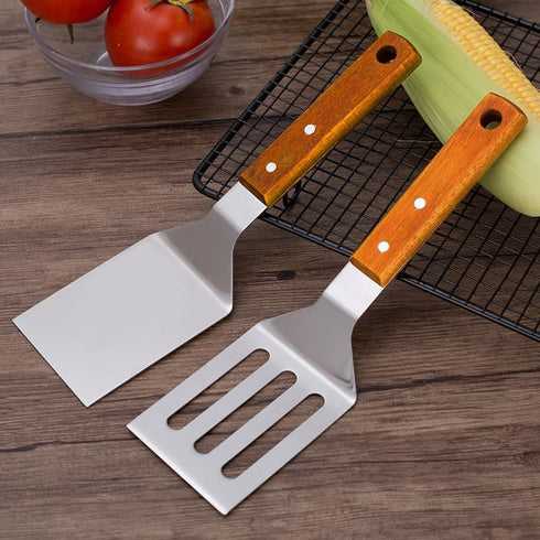 2 PCS Metal Spatula for Cast Iron Skillet, Stainless Steel Grill Spatula Slotted Spatula Turner Fish Spatula with Wood Handle, Flat Top Grill Spat...