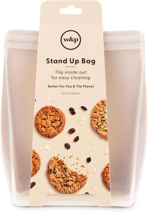 W&P Porter Silicone Reusable Storage Bag, Sandwich (50oz Stand-Up), Oat, Food Storage Container, Microwave and Dishwasher Safe, Easy Cleaning...