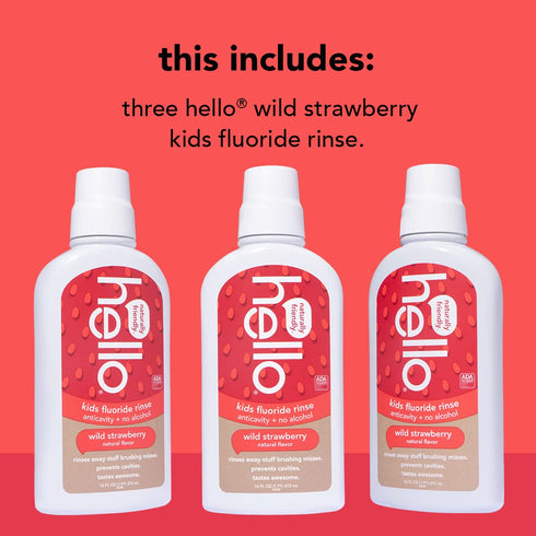 Hello Kids Wild Strawberry Natural Flavor Anticavity Fluoride Rinse - Vegan, Alcohol Free, and SLS Free Mouthwash for Children Age 2 and Up - 16 O...