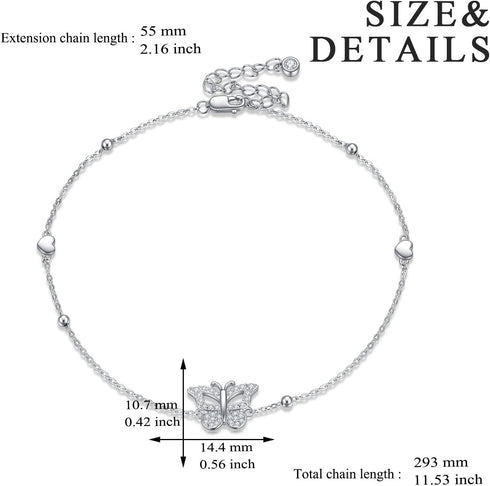 Butterfly Anklet Adjustable Foot Anklet S925 Sterling Silver Butterfly Anklet Foot Anklet Jewelry Gifts for Women Sister Christmas Birthday Valent...