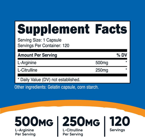 Nutricost L-Arginine L-Citrulline Complex 750mg, 120 Capsules - Non-GMO...
