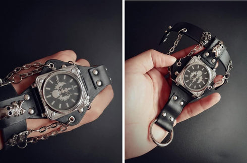 Fashion Hip-Hop Punk Skull Watch for Men Women Black Wide Leather Cuff Band Watch Cool Style Wrist Watches,Chains Locomotive Glove Watch...
