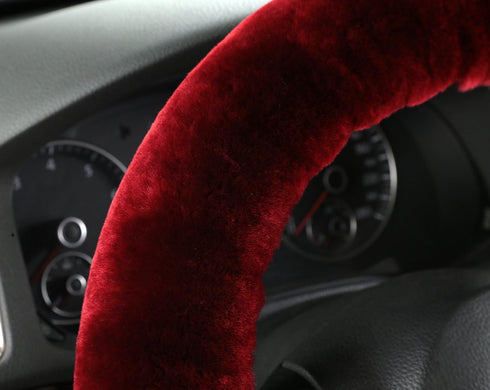 Fluffy Wool Car Steering Wheel Cover Genuine Sheepskin Steering Wheels Interior Accessories for Women Anti-Slip Universal for 15 inch (Wine red)...