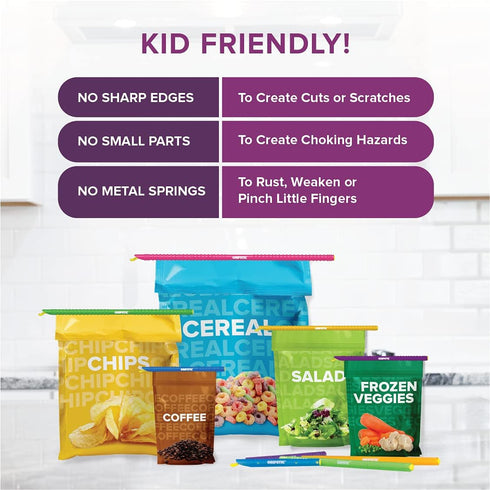 GripStic 12pc Assorted Bag Clips. Durable and reusable chip clips seal food bags air tight. Set includes: (2) 5" Blue, (3) 7.25" Purple, (3) 8.75"...