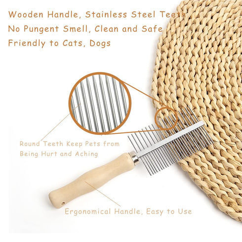 Dog Cat Pet Comb Double-Sided Grooming Brush Metal Comb for Loosening up Removing Mats Debris Tangles and Knots Wooden Handle Stainless Steel Toot...