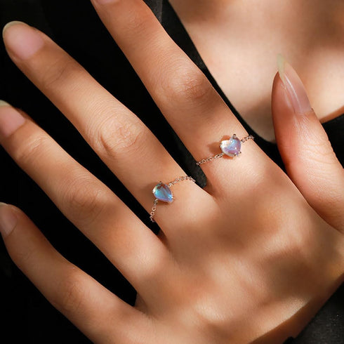 Kokoma Moonstone Heart Ring for Women Crystal Teardrop Link Chain Statement Stacking Rings Engagement Promise Finger Band Dangle Ball Adjustable...
