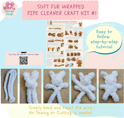 Moru Fur Pipe Cleaner Craft Kit #1, Soft, thick, long Teddy fur-wrapped stem wire for DIY art & craft. with decorative accessories (Eyes/Nose/Ribb...