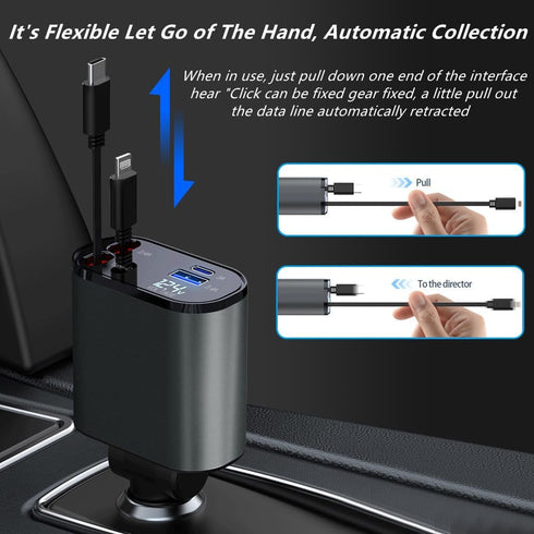 Retractable Car Charger, 4 in 1 Fast Cell Phone Automobile Chargers, with 2.7ft Retractable Cables and 2 USB Ports, Compatible with iPhone15/14/13...
